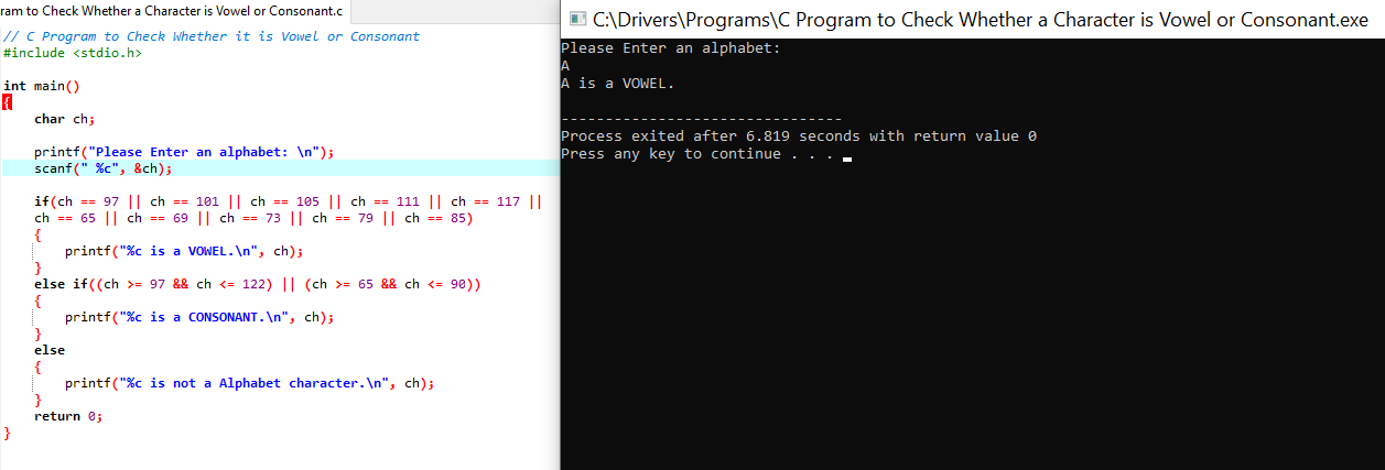 Check whether character is vowel or consonant Output